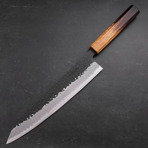 Gyuto Revêtement Inox Blue Super Kurouchi Tsuchime Manche Yaki Urushi 240mm-[Musashi]-[Couteaux de cuisine japonais]