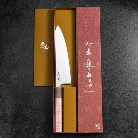 Gyuto SLD Miroir Manche en Buffle et Érable Rose clair 210mm-[Musashi]-[Couteaux de cuisine japonais]