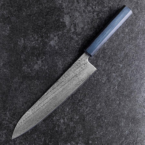 Gyuto Silver Steel #3 Nawame Damas Manche Urushi Bleu Foncé 240mm-[Musashi]-[Couteaux de cuisine japonais]