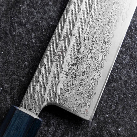 Gyuto Silver Steel #3 Nawame Damas Manche Urushi Bleu Foncé 240mm-[Musashi]-[Couteaux de cuisine japonais]