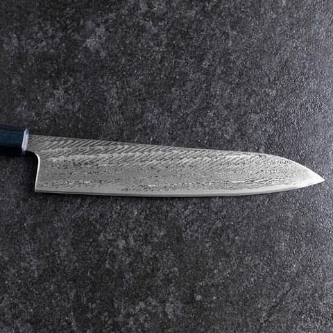 Gyuto Silver Steel #3 Nawame Damas Manche Urushi Bleu Foncé 240mm-[Musashi]-[Couteaux de cuisine japonais]