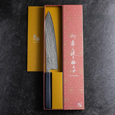 Gyuto Silver Steel #3 Nawame Damas Manche Urushi Bleu Foncé 240mm-[Musashi]-[Couteaux de cuisine japonais]