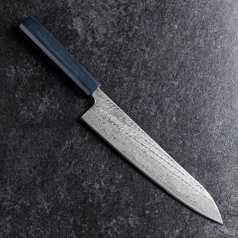 Gyuto Silver Steel #3 Nawame Damas Manche Urushi Bleu Foncé 240mm-[Musashi]-[Couteaux de cuisine japonais]