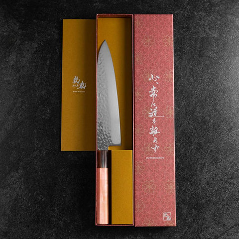 Gyuto VG-10 Miroir Tsuchime Damas Manche en Buffle et Érable Rose clair 210mm-[Musashi]-[Couteaux de cuisine japonais]