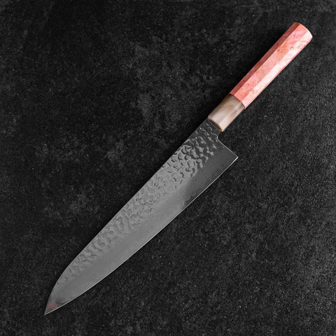 Gyuto VG-10 Miroir Tsuchime Damas Manche en Buffle et Érable Rose foncé 240mm-[Musashi]-[Couteaux de cuisine japonais]