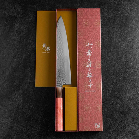 Gyuto VG-10 Miroir Tsuchime Damas Manche en Buffle et Érable Rose foncé 240mm-[Musashi]-[Couteaux de cuisine japonais]