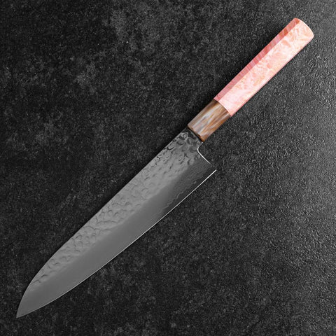 Gyuto VG-10 Miroir Tsuchime Damas Rose foncé Manche en Buffle et Érable 210mm-[Musashi]-[Couteaux de cuisine japonais]