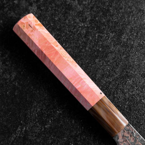 Gyuto VG-10 Miroir Tsuchime Damas Rose foncé Manche en Buffle et Érable 210mm-[Musashi]-[Couteaux de cuisine japonais]