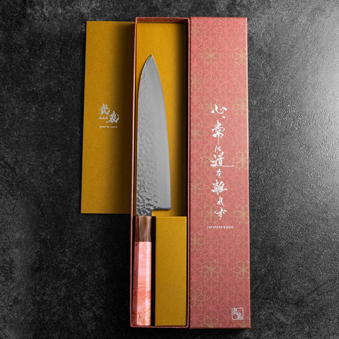 Gyuto VG-10 Miroir Tsuchime Damas Rose foncé Manche en Buffle et Érable 210mm-[Musashi]-[Couteaux de cuisine japonais]