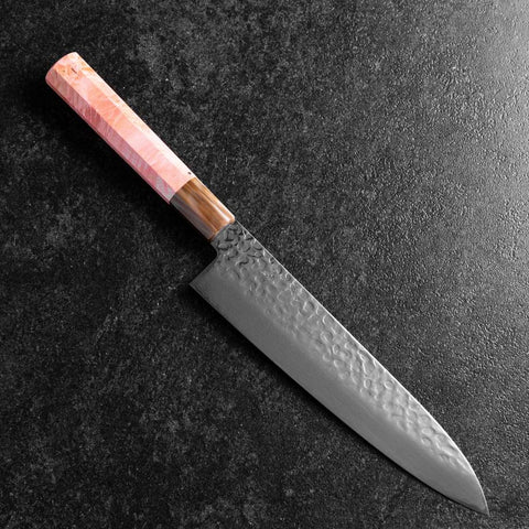 Gyuto VG-10 Miroir Tsuchime Damas Rose foncé Manche en Buffle et Érable 210mm-[Musashi]-[Couteaux de cuisine japonais]