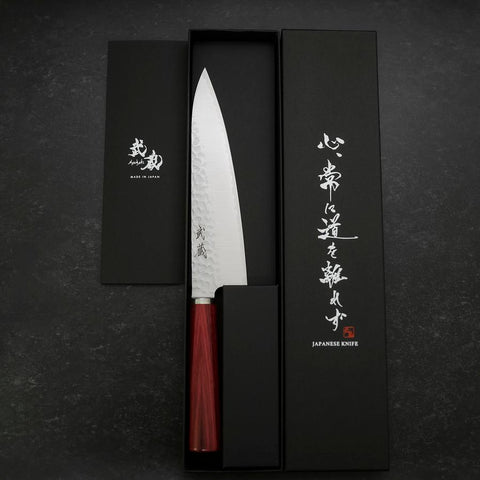 Gyuto VG-10 Tsuchime Manche Occidental Rouge 185mm-[Musashi]-[Couteaux de cuisine japonais]