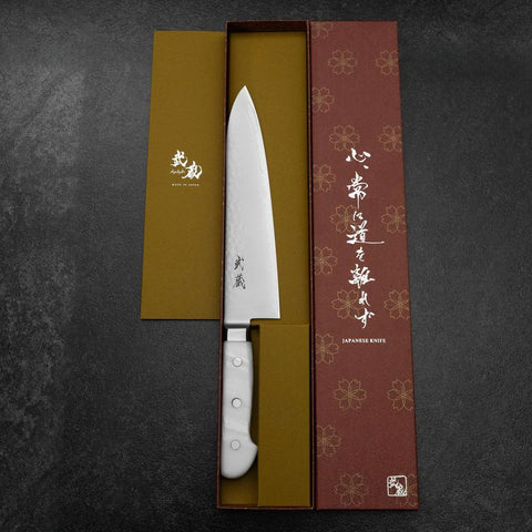 Gyuto VG-5 Tsuchime Manche en Marbre Blanc 210mm-[Musashi]-[Couteaux de cuisine japonais]
