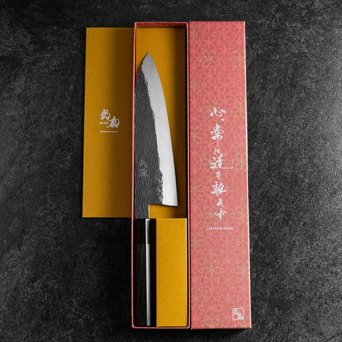 Gyuto White Steel #1 Kurouchi Tsuchime Manche en Buffle et Ébène 210mm-[Musashi]-[Couteaux de cuisine japonais]