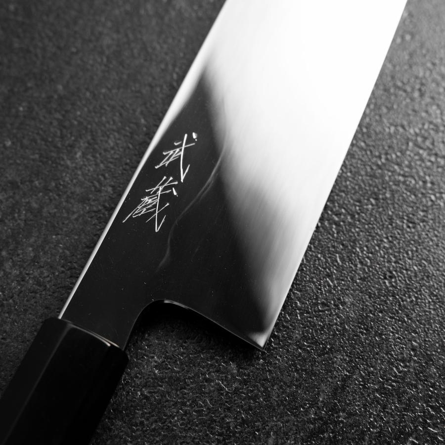 Gyuto White Steel #1 Miroir Lune-Fuji Water Honyaki Manche en Buffle et Ébène avec fourreau 240mm-[Musashi]-[Couteaux de cuisine japonais]