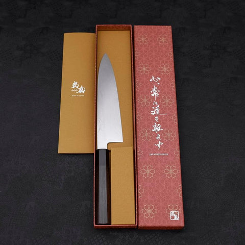 Gyuto White Steel #1 Miroir Water Honyaki Manche en Buffle et Ébène avec Fourreau 210mm-[Musashi]-[Couteaux de cuisine japonais]