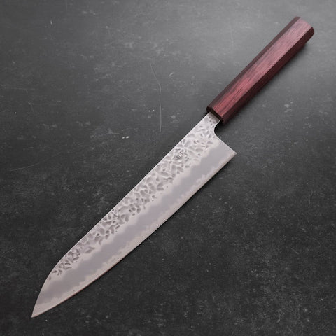 Gyuto White Steel #1 Revêtement Inox Tsuchime Manche Urushi Pourpre 240mm-[Musashi]-[Couteaux de cuisine japonais]