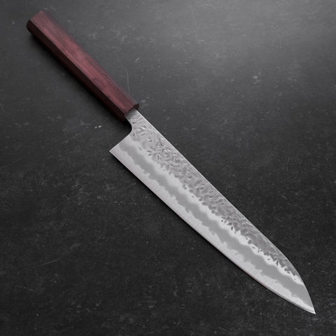 Gyuto White Steel #1 Revêtement Inox Tsuchime Manche Urushi Pourpre 240mm-[Musashi]-[Couteaux de cuisine japonais]