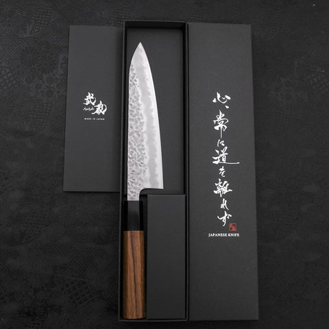 Gyuto White Steel #1 Revêtement Inox Tsuchime Manche en Buffle et Bois de Teck 180mm-[Musashi]-[Couteaux de cuisine japonais]