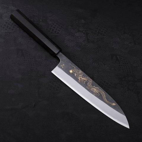 Gyuto White Steel #2 Kurouchi Stainless Clad Chokin Dragon Buffalo Ebony Handle 190mm (7.5”)-[Musashi]-[Couteaux de cuisine japonais]