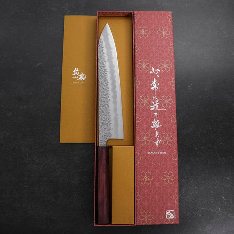 Gyuto White Steel #1 Revêtement Inox Tsuchime Manche Urushi Pourpre 240mm-[Musashi]-[Couteaux de cuisine japonais]