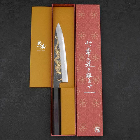 Gyuto White Steel #2 Kurouchi Chokin Dragon Buffalo Ebony Handle 210mm-[Musashi]-[Japanese-Kitchen-Knives]