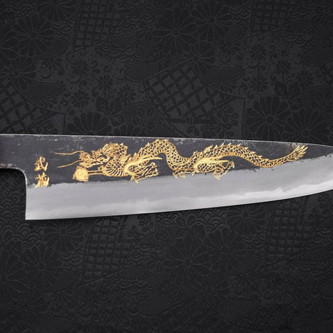 Gyuto White Steel #2 Kurouchi Chokin Dragon Buffalo Ebony Handle 210mm-[Musashi]-[Japanese-Kitchen-Knives]