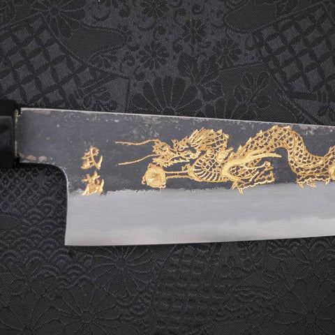 Gyuto White Steel #2 Kurouchi Chokin Dragon Buffalo Ebony Handle 210mm-[Musashi]-[Japanese-Kitchen-Knives]