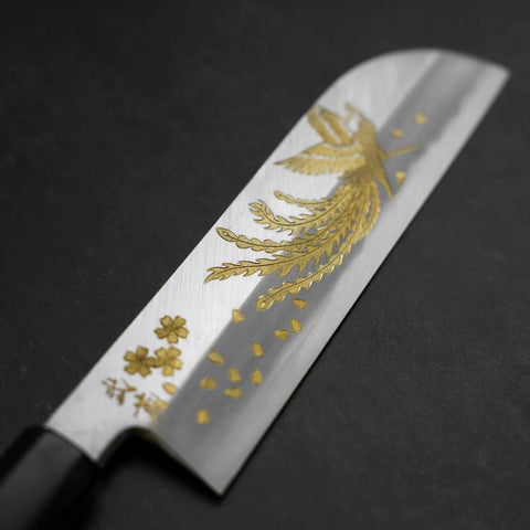 Kama Usuba White steel #2 Kasumi Chokin Phoenix-Sakura Manche en Buffle et Ébène 180mm-[Musashi]-[Couteaux de cuisine japonais]