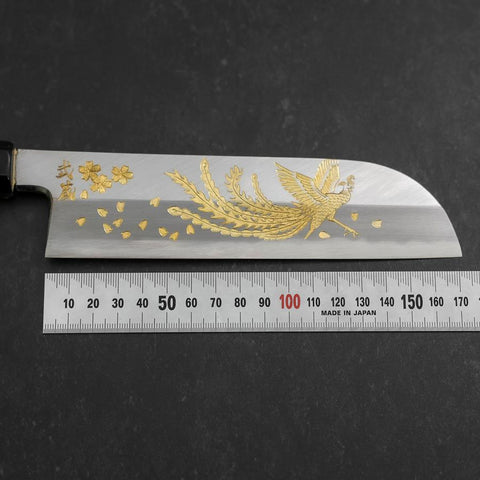 Kama Usuba White steel #2 Kasumi Chokin Phoenix-Sakura Manche en Buffle et Ébène 180mm-[Musashi]-[Couteaux de cuisine japonais]