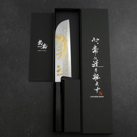 Kama Usuba White steel #2 Kasumi Chokin Phoenix-Sakura Manche en Buffle et Ébène 180mm-[Musashi]-[Couteaux de cuisine japonais]