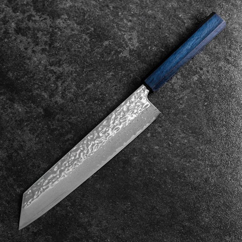 Kiritsuke AUS-10 Miroir Tsuchime Damas Manche Urushi Bleu Sombre 240mm-[Musashi]-[Couteaux de cuisine japonais]