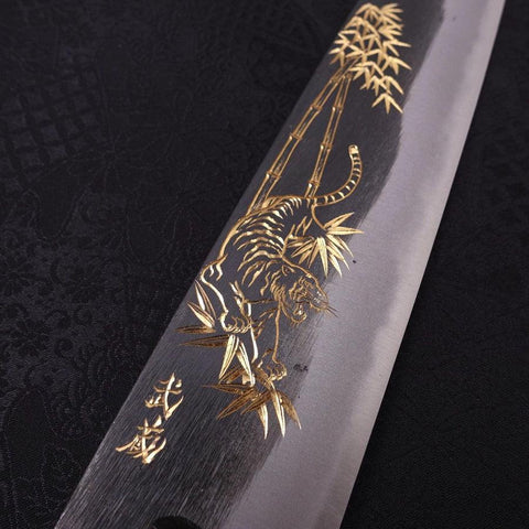 Kiritsuke Blue Steel #2 Kurouchi Chokin Tigre-Bambou Manche en Buffle et Ébène 210mm-[Musashi]-[Couteaux de cuisine japonais]