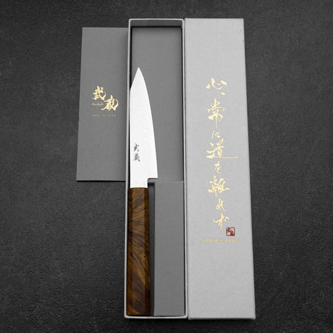 Kiritsuke Petty VG-10 Damas Manche en Bois de Bouleau Jaune Brun 120mm-[Musashi]-[Couteaux de cuisine japonais]