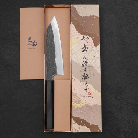 Kiritsuke Santoku Blue Steel #1 Kurouchi Suminagashi Buffalo Ebony Handle 170mm