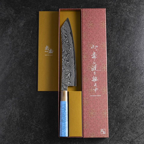 Kiritsuke Silver Steel #3 Nickel Damas Manche en Buffle et Turquoise 230mm-[Musashi]-[Couteaux de cuisine japonais]