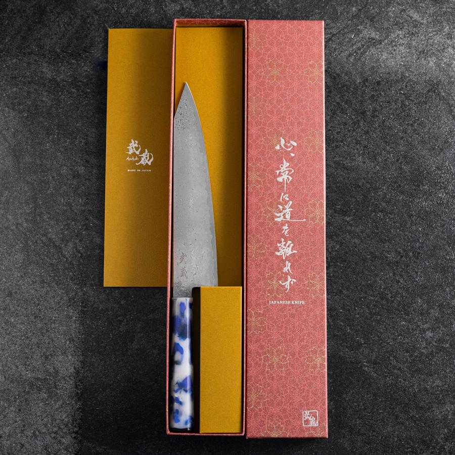 Kiritsuke VG-10 Damas Manche Océan Mix Bleu et Blanc 210mm-[Musashi]-[Couteaux de cuisine japonais]