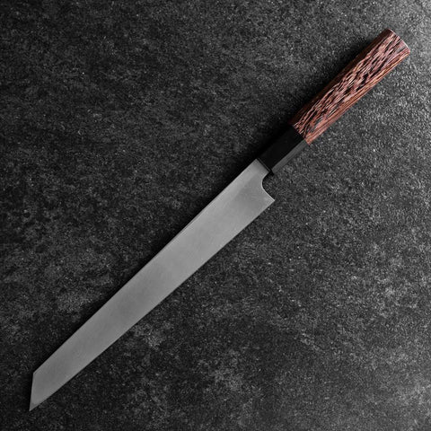Kiritsuke Yanagiba Blue Steel #2 Kurouchi Manche en Buffle et Bois de Wengé 240mm-[Musashi]-[Couteaux de cuisine japonais]