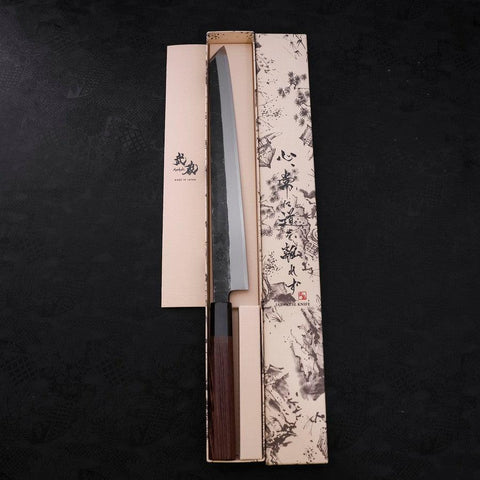Kiritsuke Yanagiba Blue Steel #2 Kurouchi Manche en Buffle et Bois de Wengé 300mm-[Musashi]-[Couteaux de cuisine japonais]