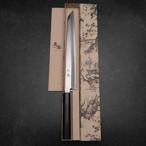 Kiritsuke Yanagiba Silver Steel #3 Kasumi Manche en Buffle et Ébène 300mm-[Musashi]-[Couteaux de cuisine japonais]