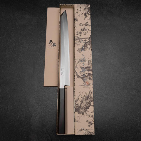 Kiritsuke Yanagiba Silver Steel #3 Kasumi Manche en Buffle et Ébène 300mm (Sori)-[Musashi]-[Couteaux de cuisine japonais]