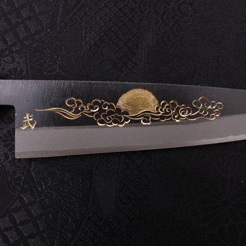 Koyanagi Blue Steel #2 Kurouchi Chokin Soleil-Nuage Chanceux Manche en Buffle et Ébène 135mm-[Musashi]-[Couteaux de cuisine japonais]
