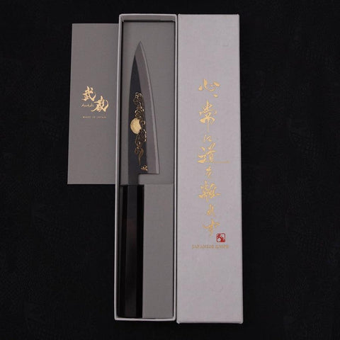 Koyanagi Blue Steel #2 Kurouchi Chokin Soleil-Nuage Chanceux Manche en Buffle et Ébène 135mm-[Musashi]-[Couteaux de cuisine japonais]