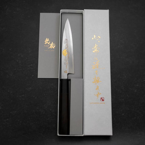 Koyanagi White steel #2 Kasumi Chokin Chance Cloud Manche en Buffle et Ébène 135mm-[Musashi]-[Couteaux de cuisine japonais]