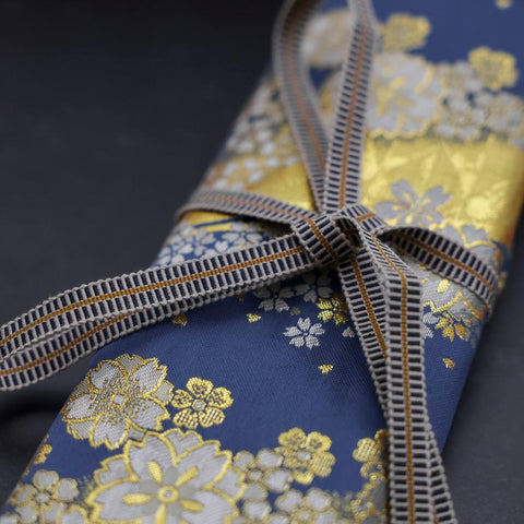 Musashi Japanese Style Kitchen Knife Roll Blue-Golden Sakura River 4 Pockets Handmade-[Musashi]-[Couteaux de cuisine japonais]