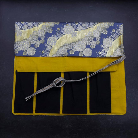 Musashi Japanese Style Kitchen Knife Roll Blue-Golden Sakura River 4 Pockets Handmade-[Musashi]-[Couteaux de cuisine japonais]