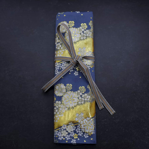 Musashi Japanese Style Kitchen Knife Roll Blue-Golden Sakura River 4 Pockets Handmade-[Musashi]-[Couteaux de cuisine japonais]