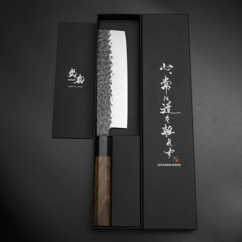 Nakiri AUS-8 Kurouchi Tsuchime Manche en Noyer et Bois de Rose 170mm-[Musashi]-[Couteaux de cuisine japonais]