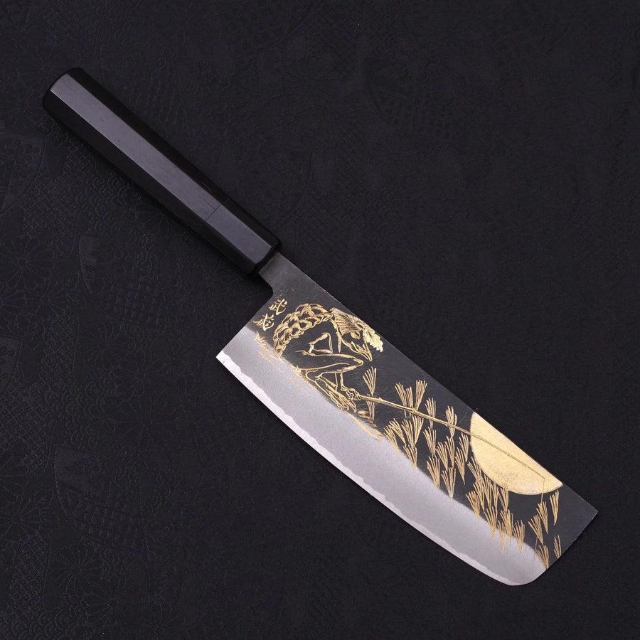 Nakiri Blue Steel #2 Kurouchi Chokin Kappa Concentré sur la pêche Manche en Buffle et Ébène 165mm-[Musashi]-[Couteaux de cuisine japonais]