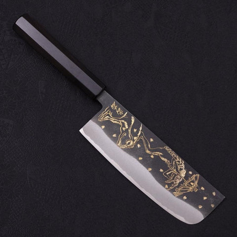 Nakiri Blue Steel #2 Kurouchi Chokin Kappa-Grenouille Manche en Buffle et Ébène 165mm-[Musashi]-[Couteaux de cuisine japonais]