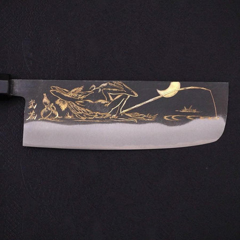 Nakiri Blue Steel #2 Kurouchi Chokin Kappa Pêcheur Endormi Manche en Buffle et Ébène 165mm-[Musashi]-[Couteaux de cuisine japonais]